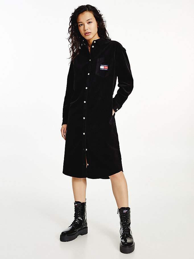 black tommy badge corduroy shirt dress for women tommy jeans