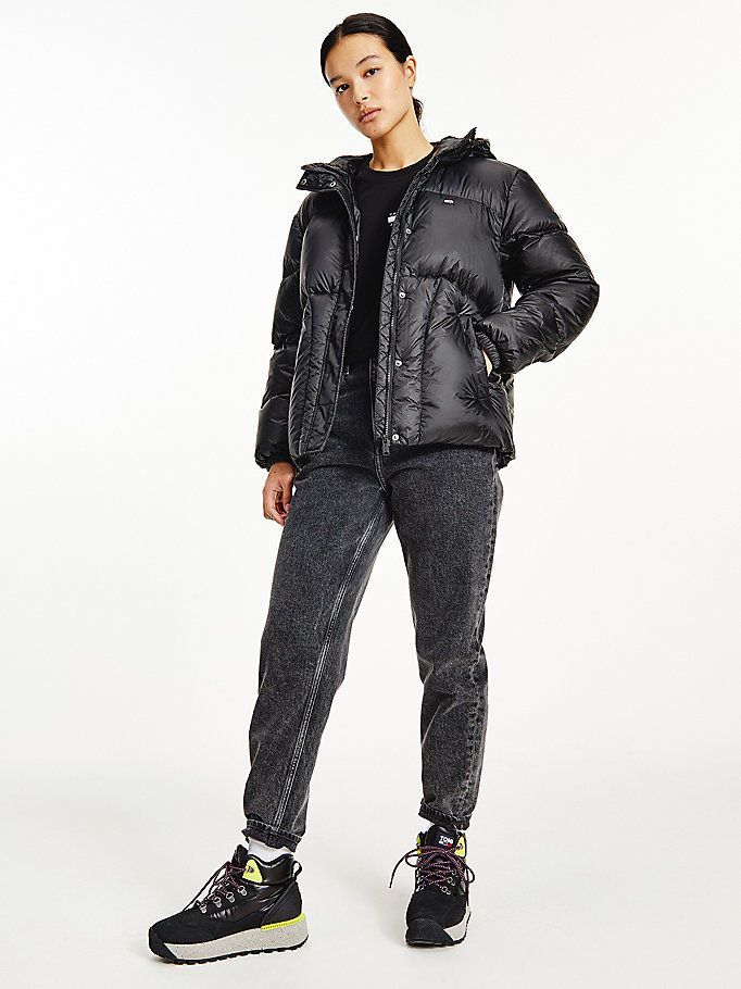 black metallic down puffer jacket for women tommy jeans