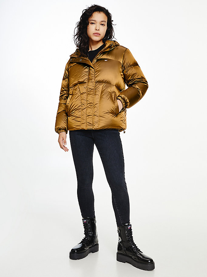 brown metallic down puffer jacket for women tommy jeans