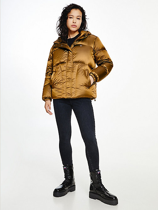 brown metallic down puffer jacket for women tommy jeans