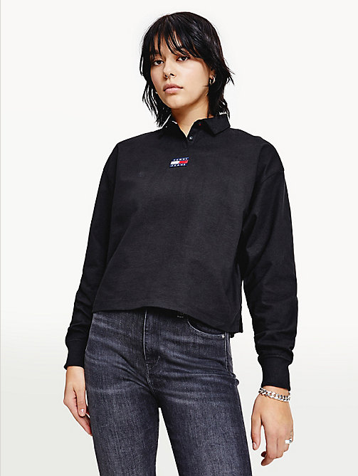 black tommy badge essential long sleeve polo for women tommy jeans