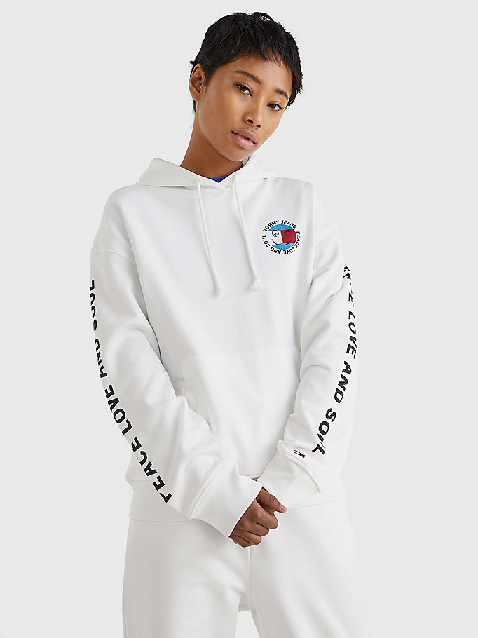 white oversized peace logo hoody for women tommy jeans