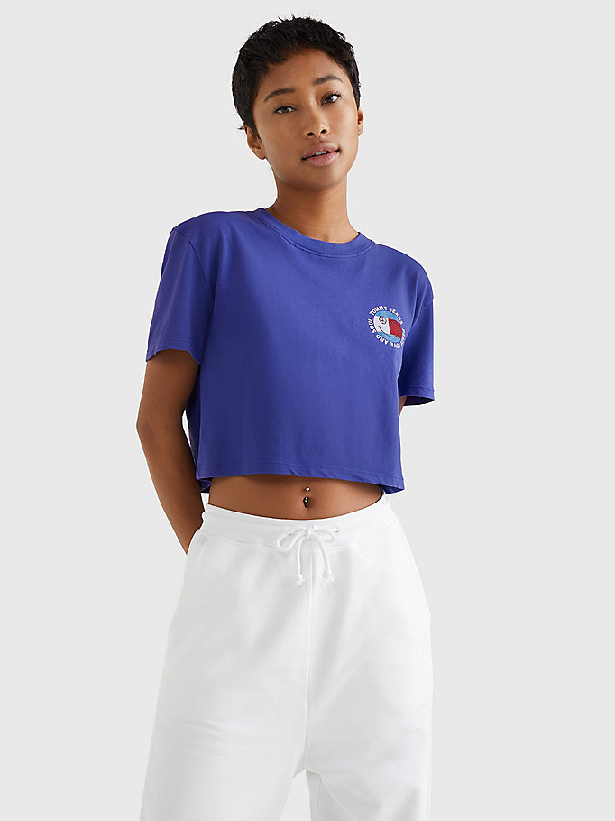 paars cropped t-shirt met smiley-logo voor dames - tommy jeans