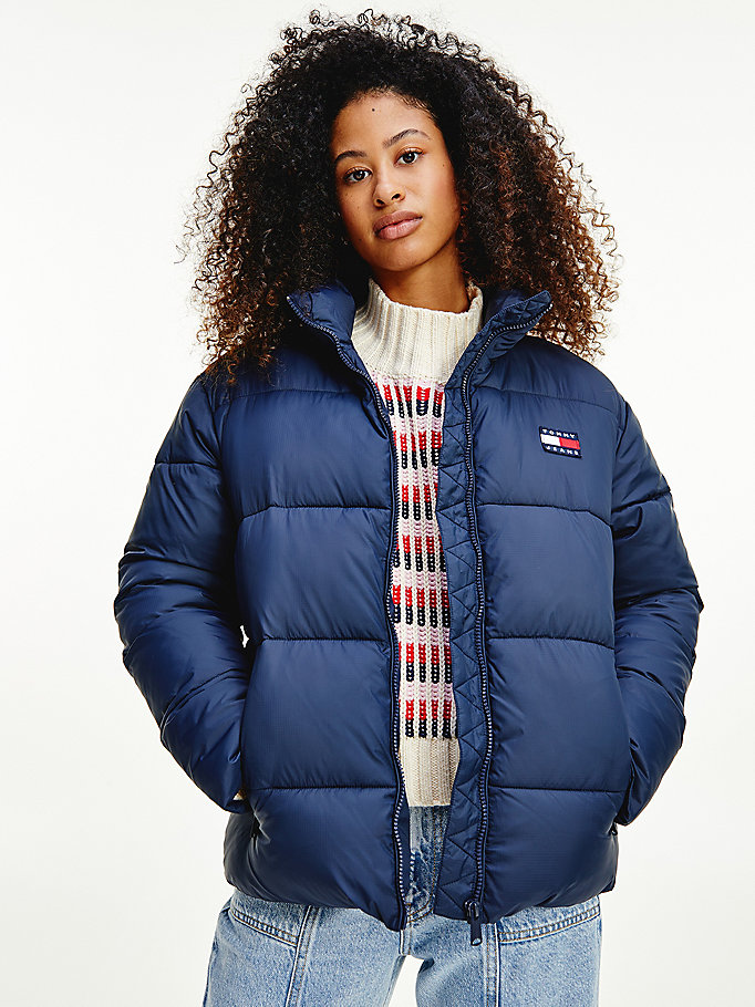 blue recycled nylon puffer jacket for women tommy jeans