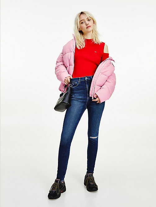 pink recycled nylon puffer jacket for women tommy jeans