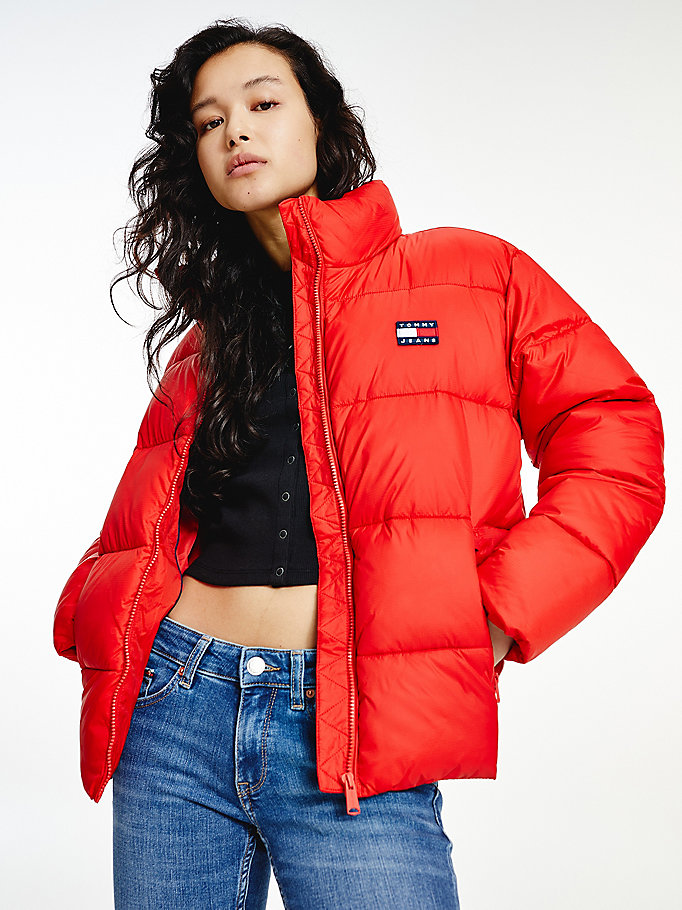 red recycled nylon puffer jacket for women tommy jeans