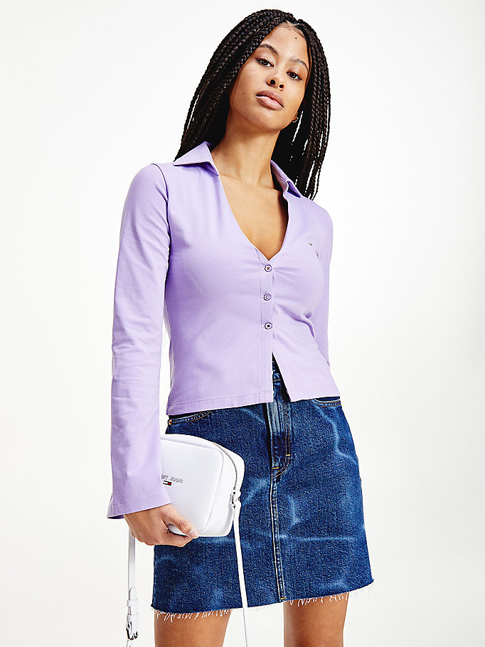 purple essential plunge neck polo for women tommy jeans