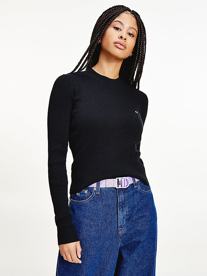schwarz essential rippstrick-pullover für women - tommy jeans