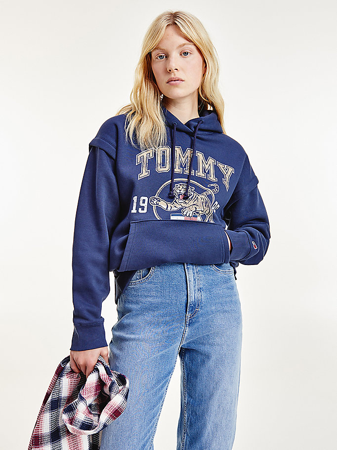 sudadera college con capucha y logo de tigre azul de mujer tommy jeans