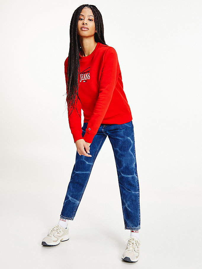 rood essential sweatshirt met ronde hals en logo voor women - tommy jeans