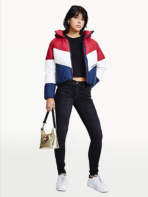 red essential down chevron puffer jacket for women tommy jeans