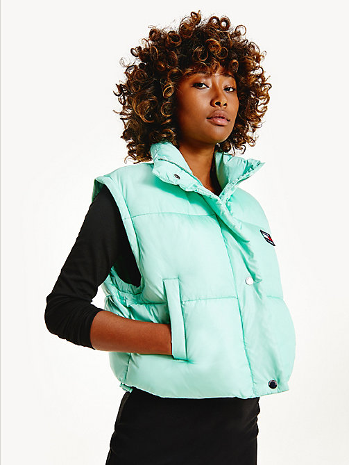 green recycled convertible cropped vest puffer jacket for women tommy jeans