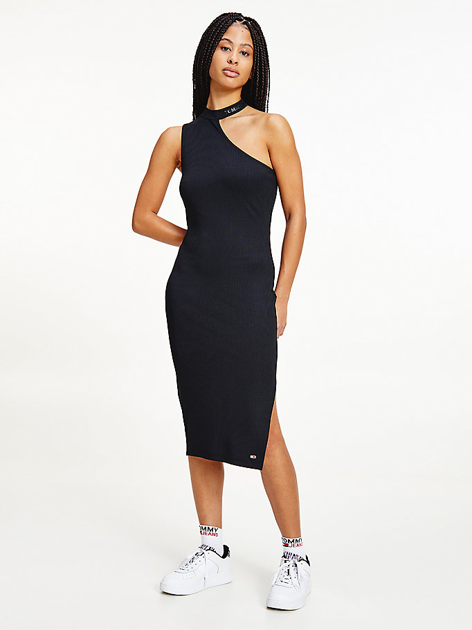 black recycled cutout ribbed bodycon dress for women tommy jeans