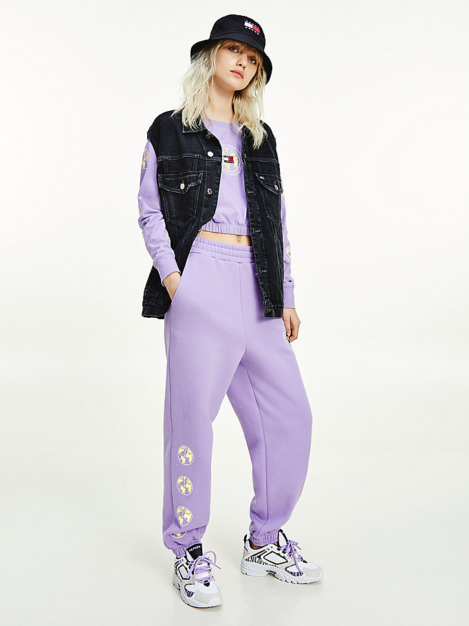 purple recycled jersey logo joggers for women tommy jeans