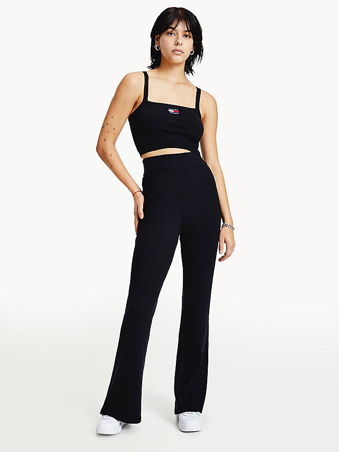 black tommy badge a-line ribbed trousers for women tommy jeans