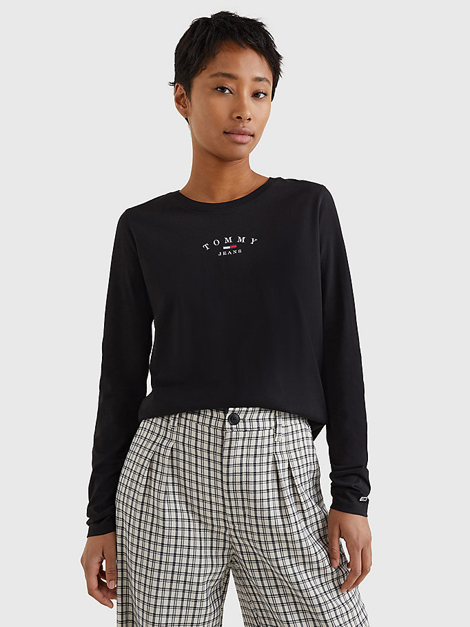 schwarz essential slim fit langarmshirt mit logo für damen - tommy jeans