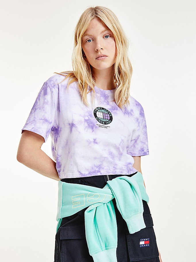 purple tie-dye recycled cotton cropped t-shirt for women tommy jeans