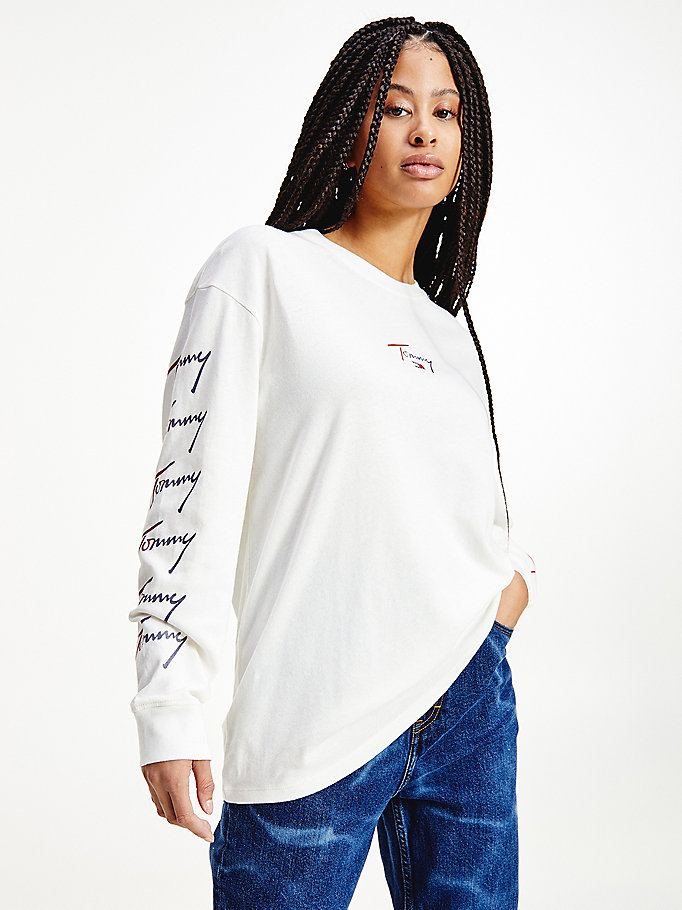 white relaxed fit long sleeve ombre t-shirt for women tommy jeans