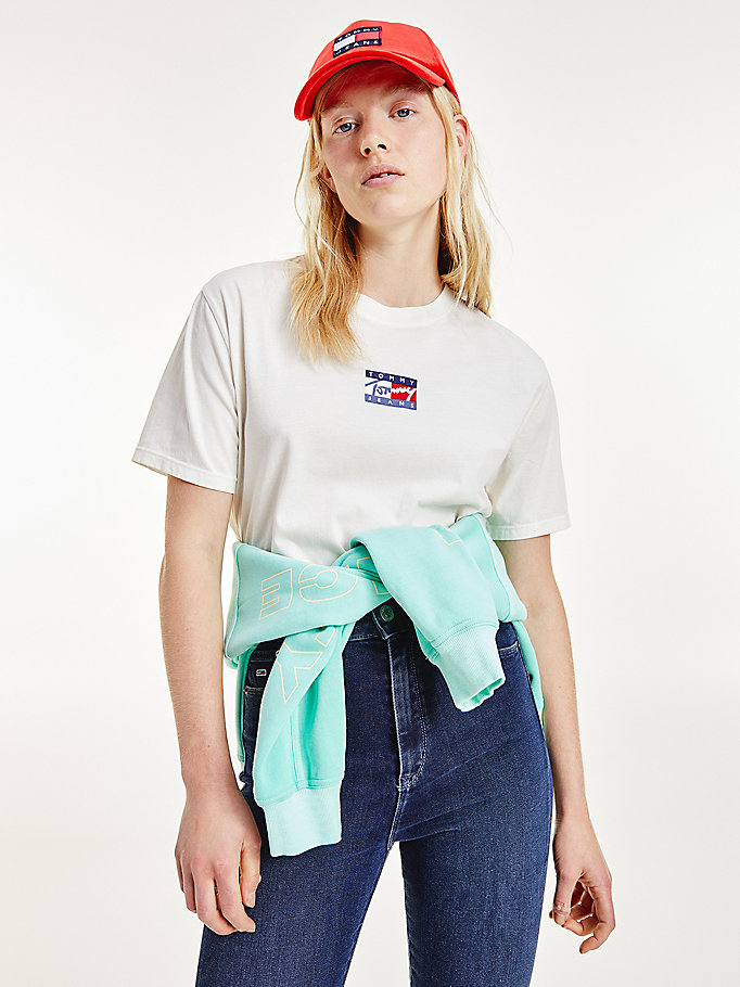 wit cropped biologisch katoenen t-shirt met logo voor women - tommy jeans