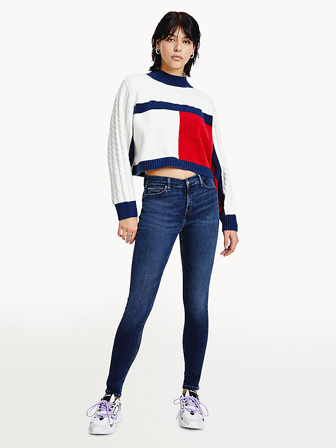 blue recycled polyester knit cropped flag jumper for women tommy jeans