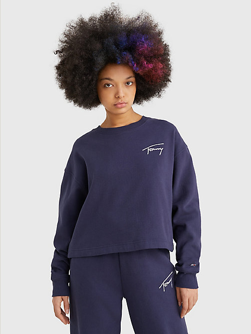 blue recycled signature logo cropped sweatshirt for women tommy jeans