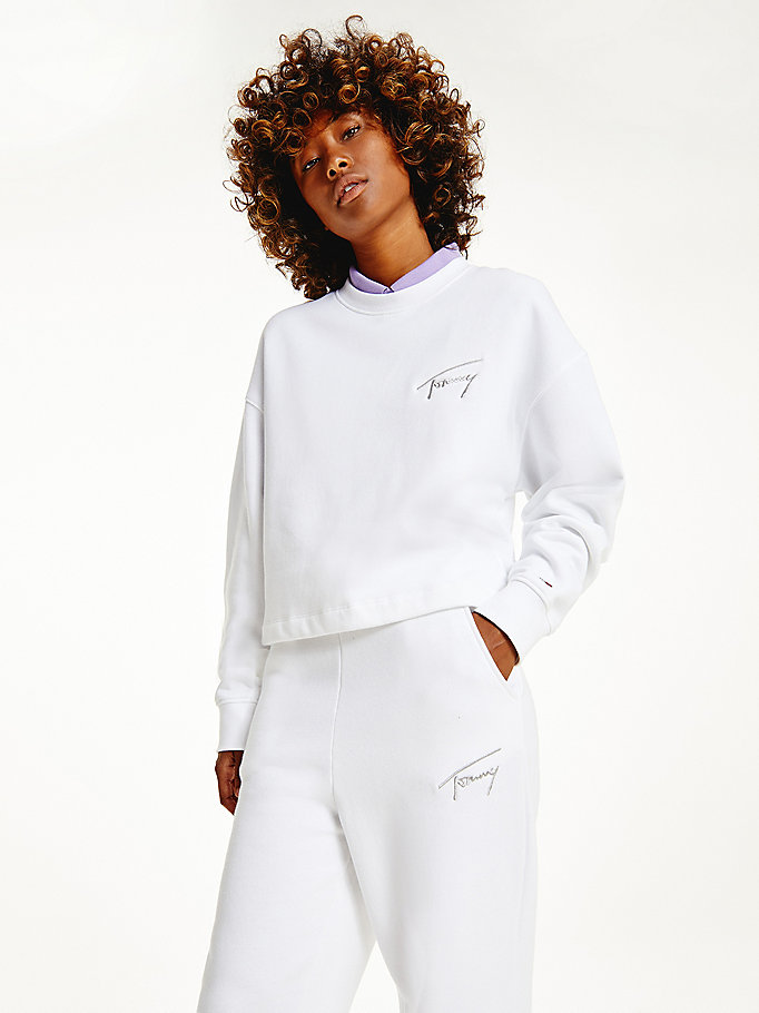 white recycled signature logo cropped sweatshirt for women tommy jeans