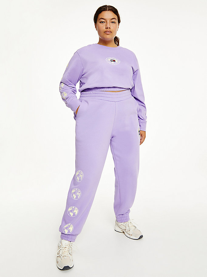purple curve logo recycled cotton blend joggers for women tommy jeans