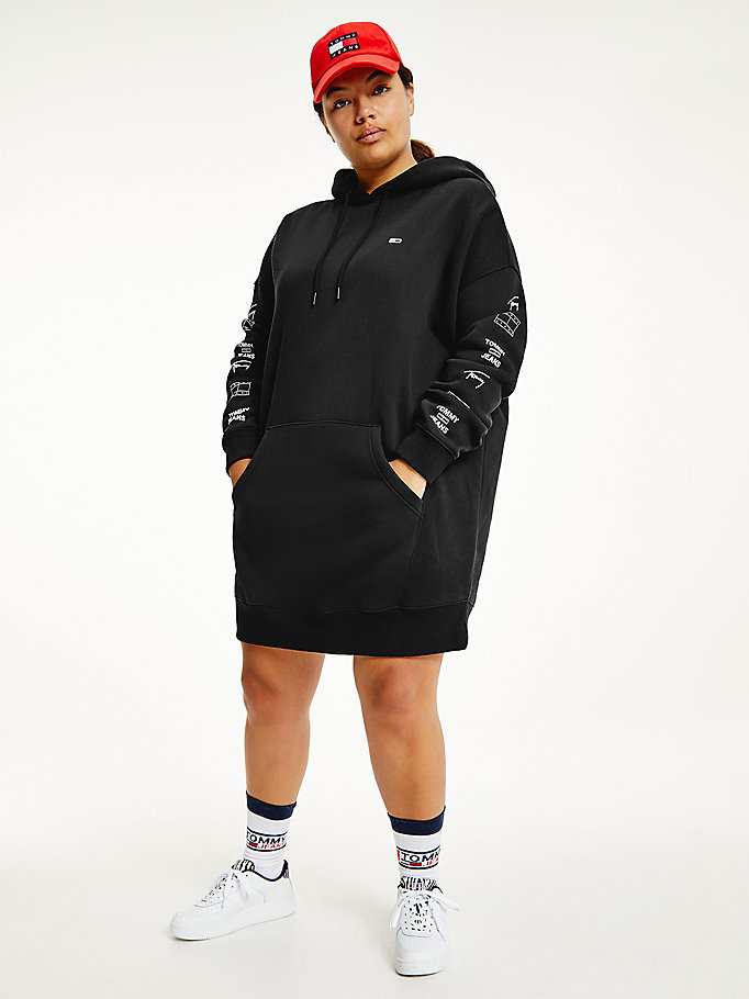 black curve organic cotton repeat logo hoody dress for women tommy jeans