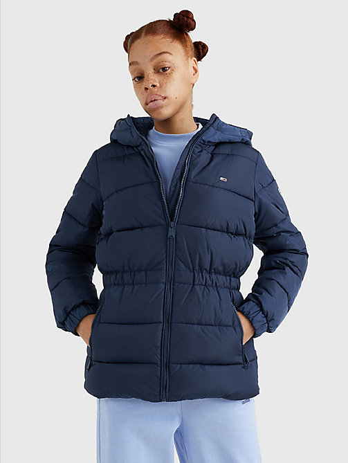 blue essential recycled hooded down puffer jacket for women tommy jeans