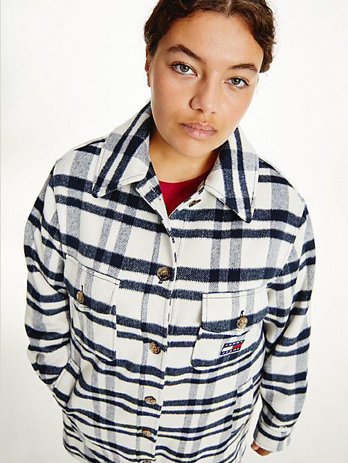 beige curve tommy badge check shacket for women tommy jeans