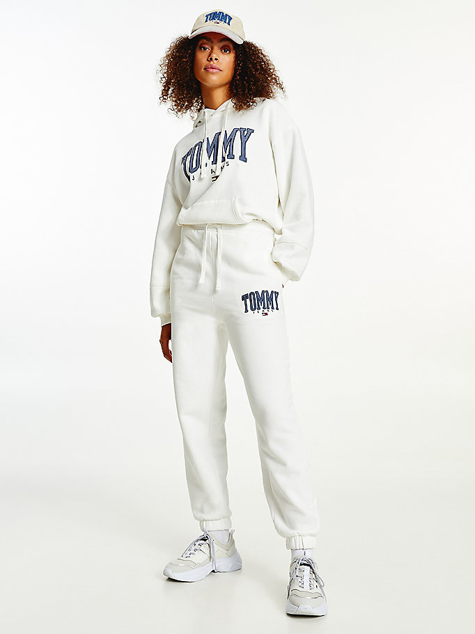 white college tommy badge plush joggers for women tommy jeans
