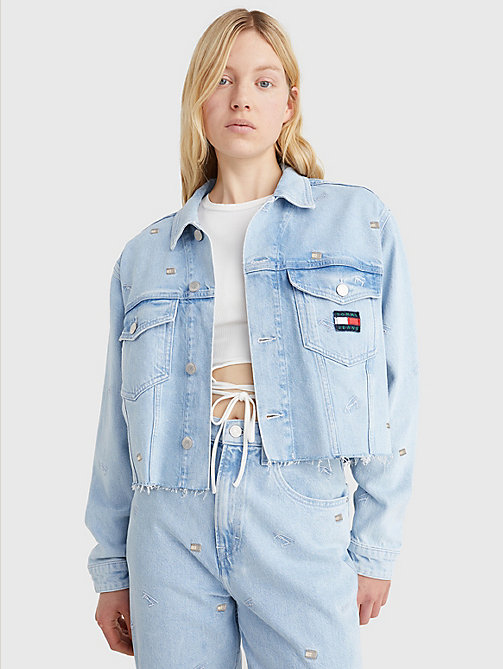 denim embroidery oversized cropped denim trucker jacket for women tommy jeans
