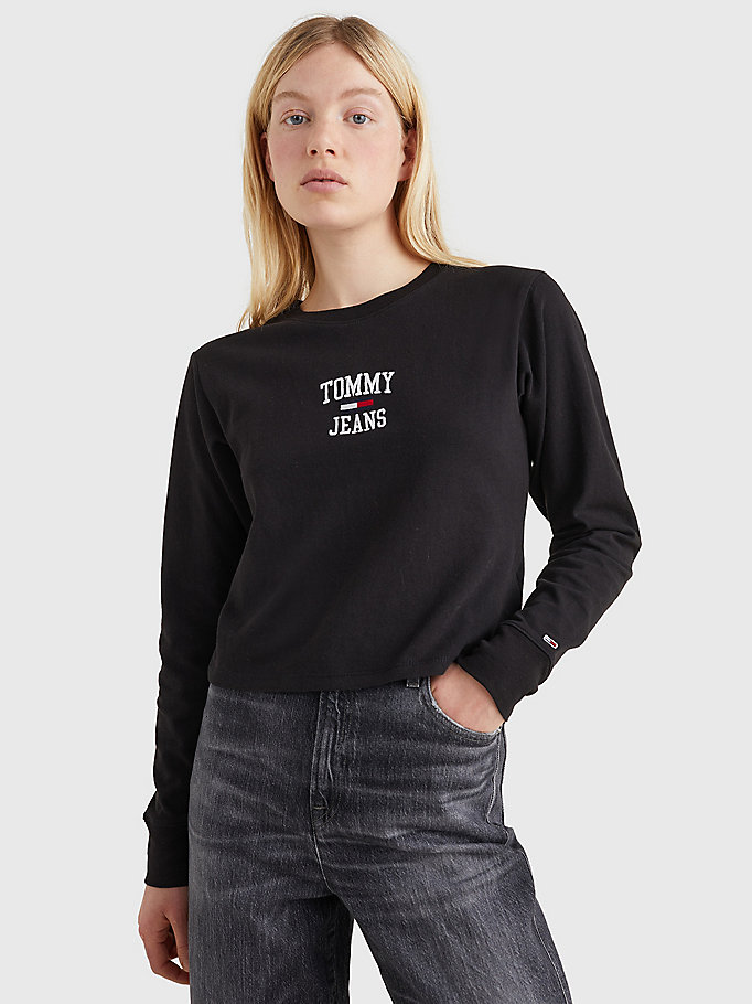 t-shirt crop con logo a maniche lunghe nero da donna tommy jeans