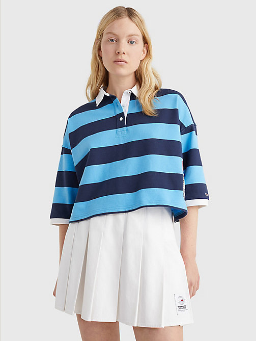 blue cropped stripe rugby polo for women tommy jeans