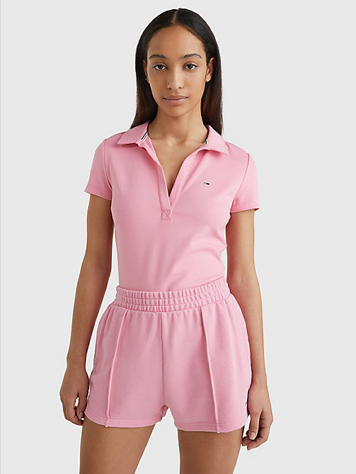 pink v-neck slim fit polo for women tommy jeans
