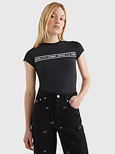 black cut out logo tape bodysuit for women tommy jeans