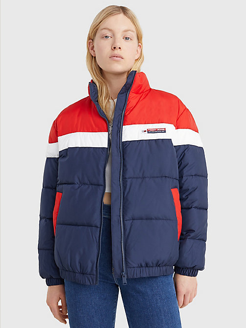 blue lightweight colour-blocked puffer jacket for women tommy jeans