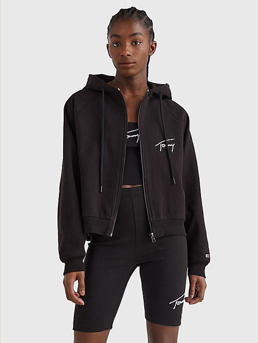 sweat boxy zippé à capuche et logo signature noir pour femmes tommy jeans