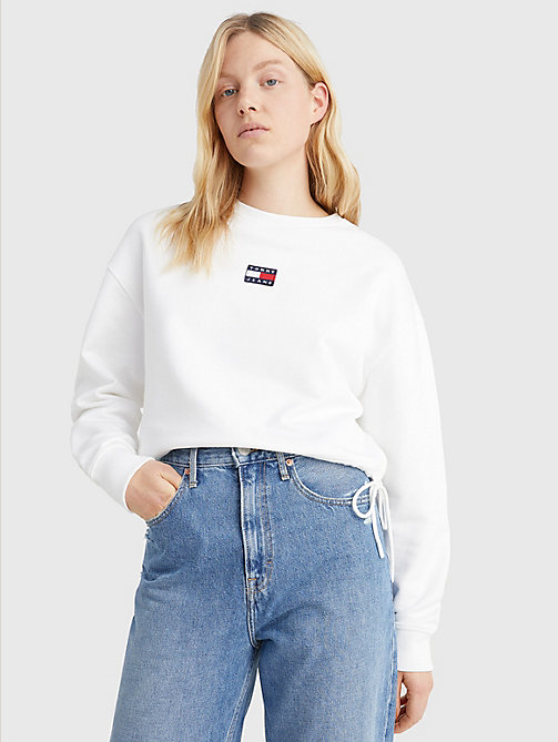 white badge cropped drawstring sweatshirt for women tommy jeans