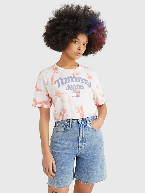 rood gemarmerd super-cropped t-shirt voor dames - tommy jeans