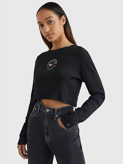 black cropped logo embroidery long sleeve t-shirt for women tommy jeans