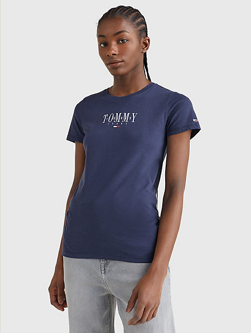blau essential skinny fit t-shirt mit logo für damen - tommy jeans