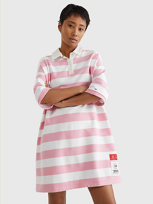pink stripe terry rugby polo dress for women tommy jeans