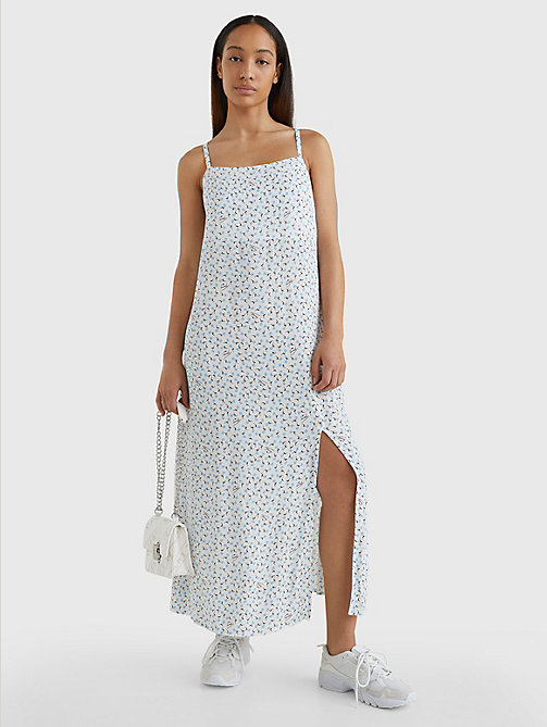 white ditsy print side slit midi dress for women tommy jeans