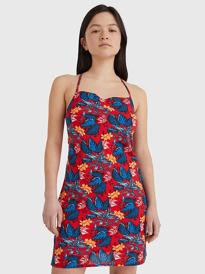 red print tie back mini dress for women tommy jeans