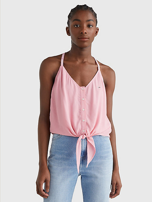 pink essential logo tape strap top for women tommy jeans