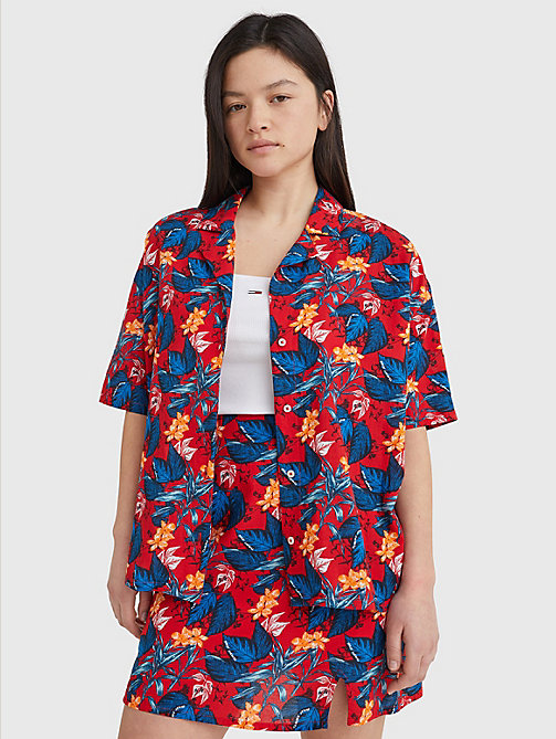 red tropical print oversized short sleeve shirt for women tommy jeans