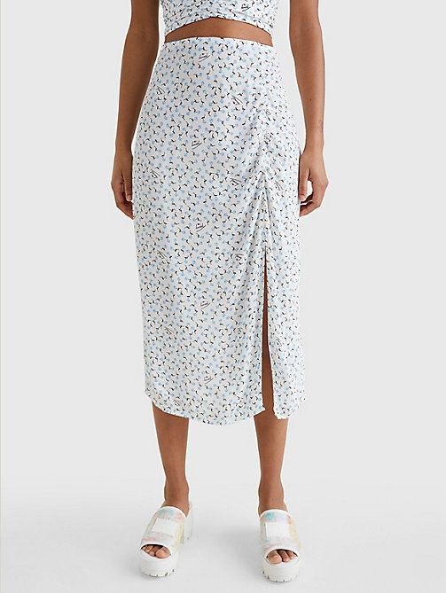 white ditsy print slit midi skirt for women tommy jeans
