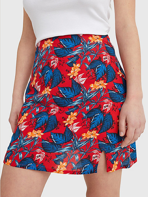 red tropical print side slit mini skirt for women tommy jeans
