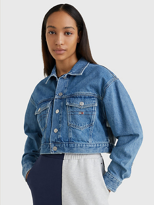 деним укороченная джинсовая куртка из хлопка и конопляного вол для женщины - tommy jeans